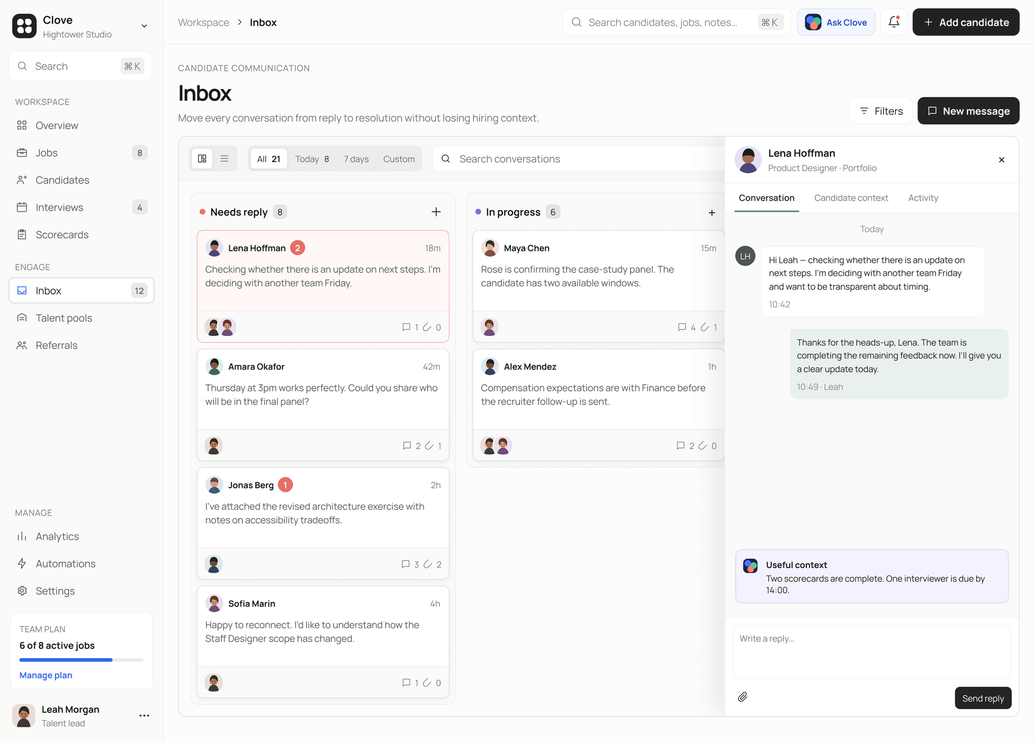 Messages stay connected to candidate context.