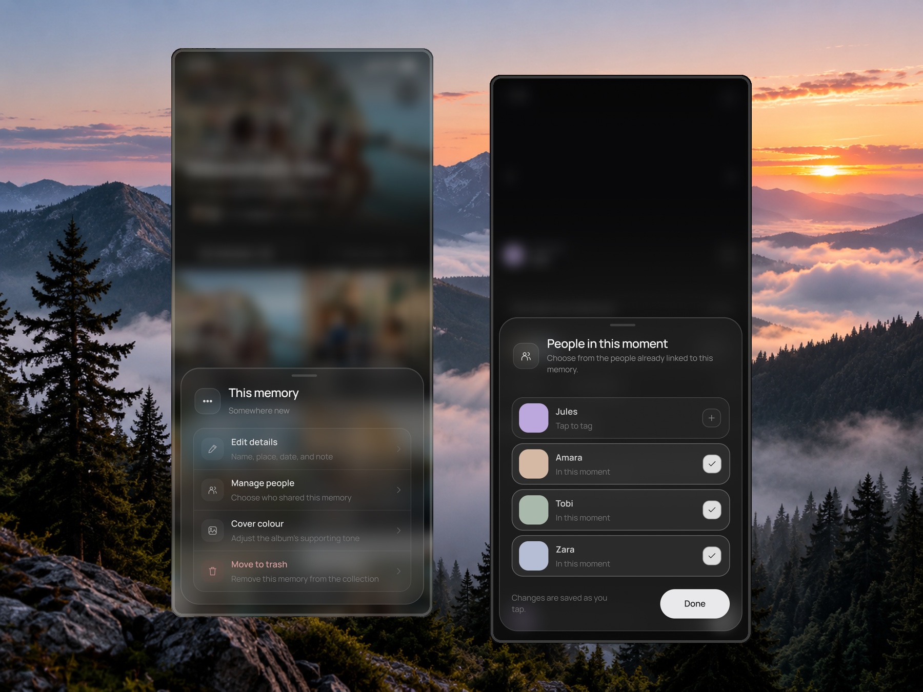 Memora memory controls and people tagging screens