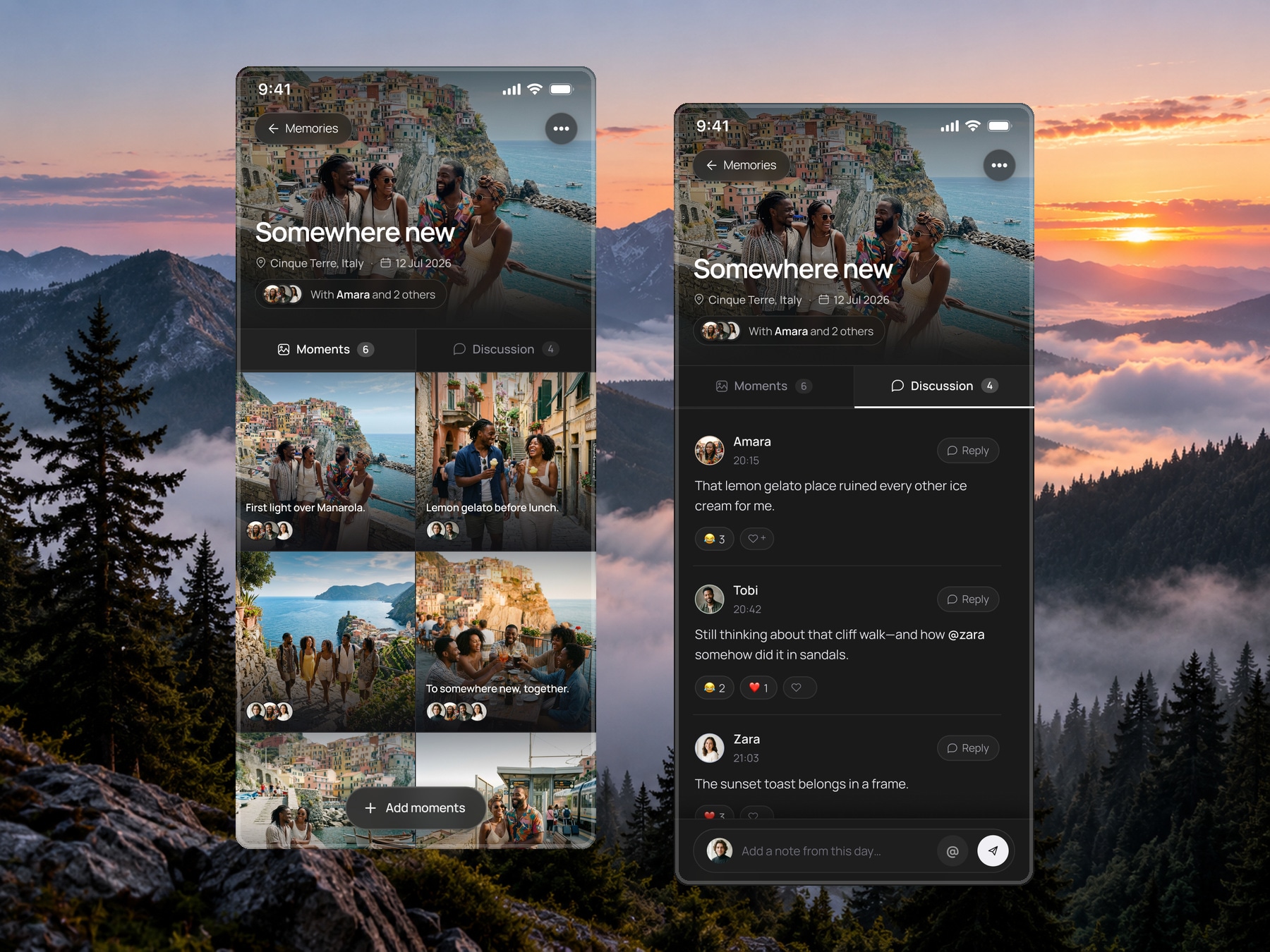 Memora moments and discussion screens