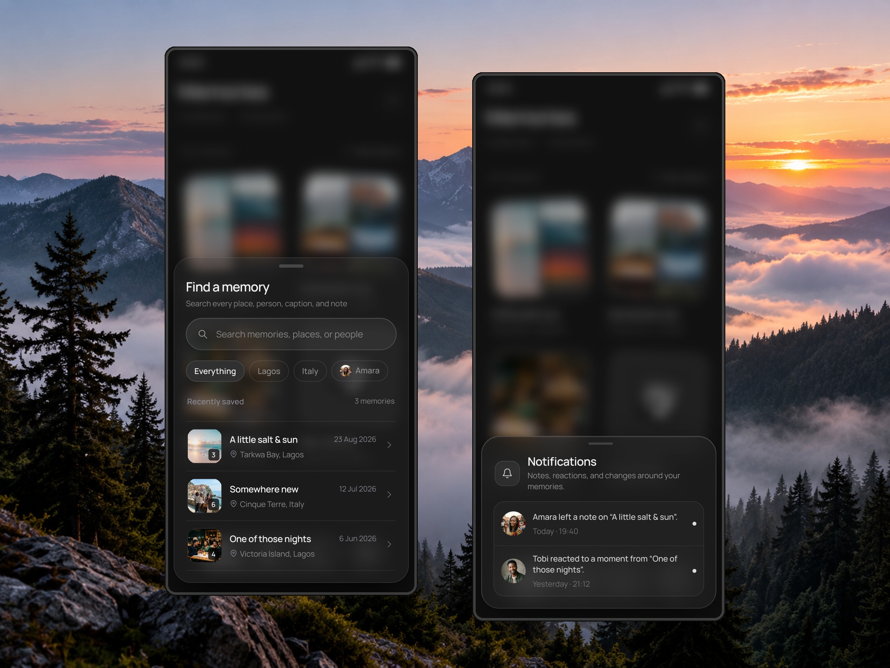 Memora search and notifications screens