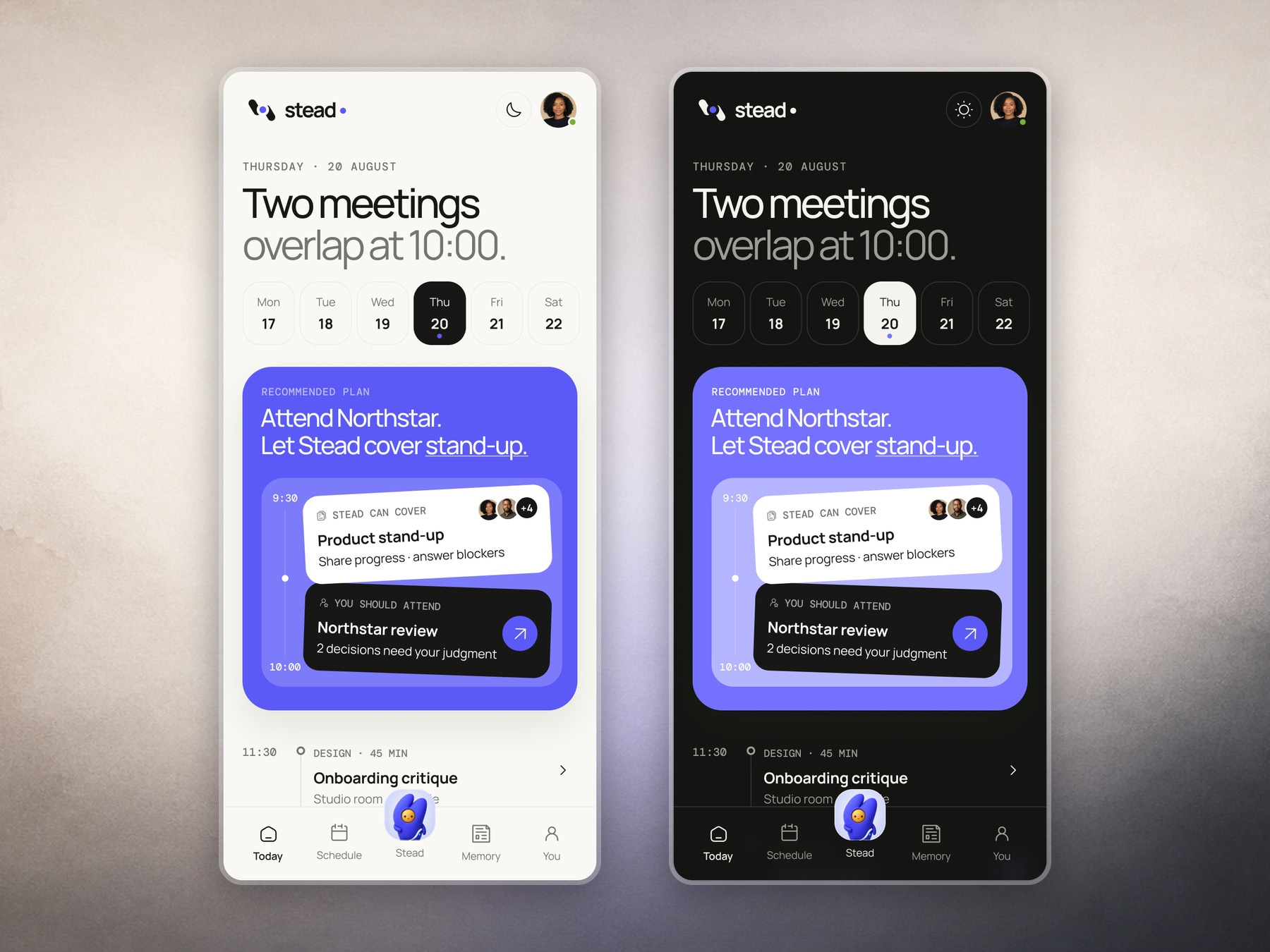 Stead dashboard in light and dark mode