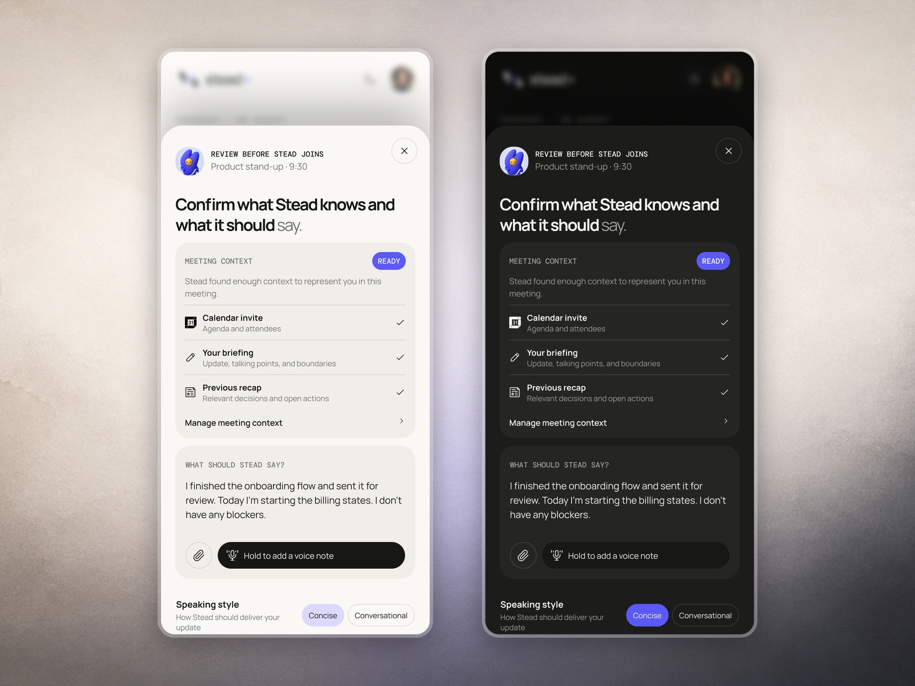 Stead pre-meeting review in light and dark mode