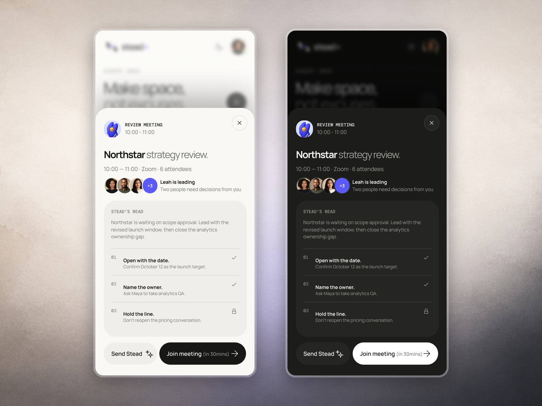 Stead meeting brief in light and dark mode