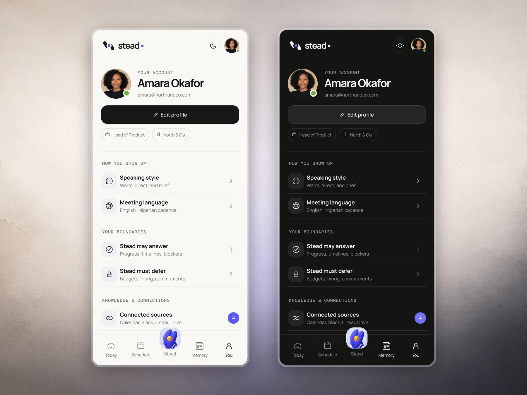 Stead profile settings in light and dark mode