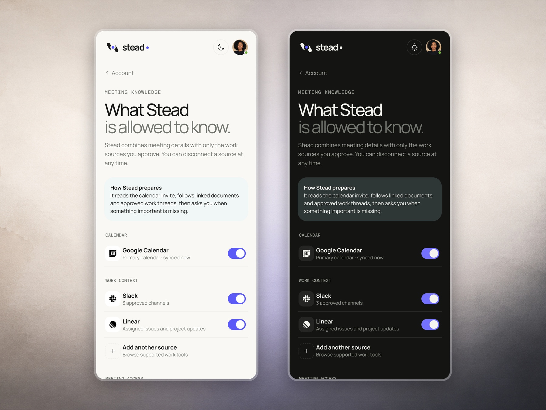 Stead connected sources in light and dark mode