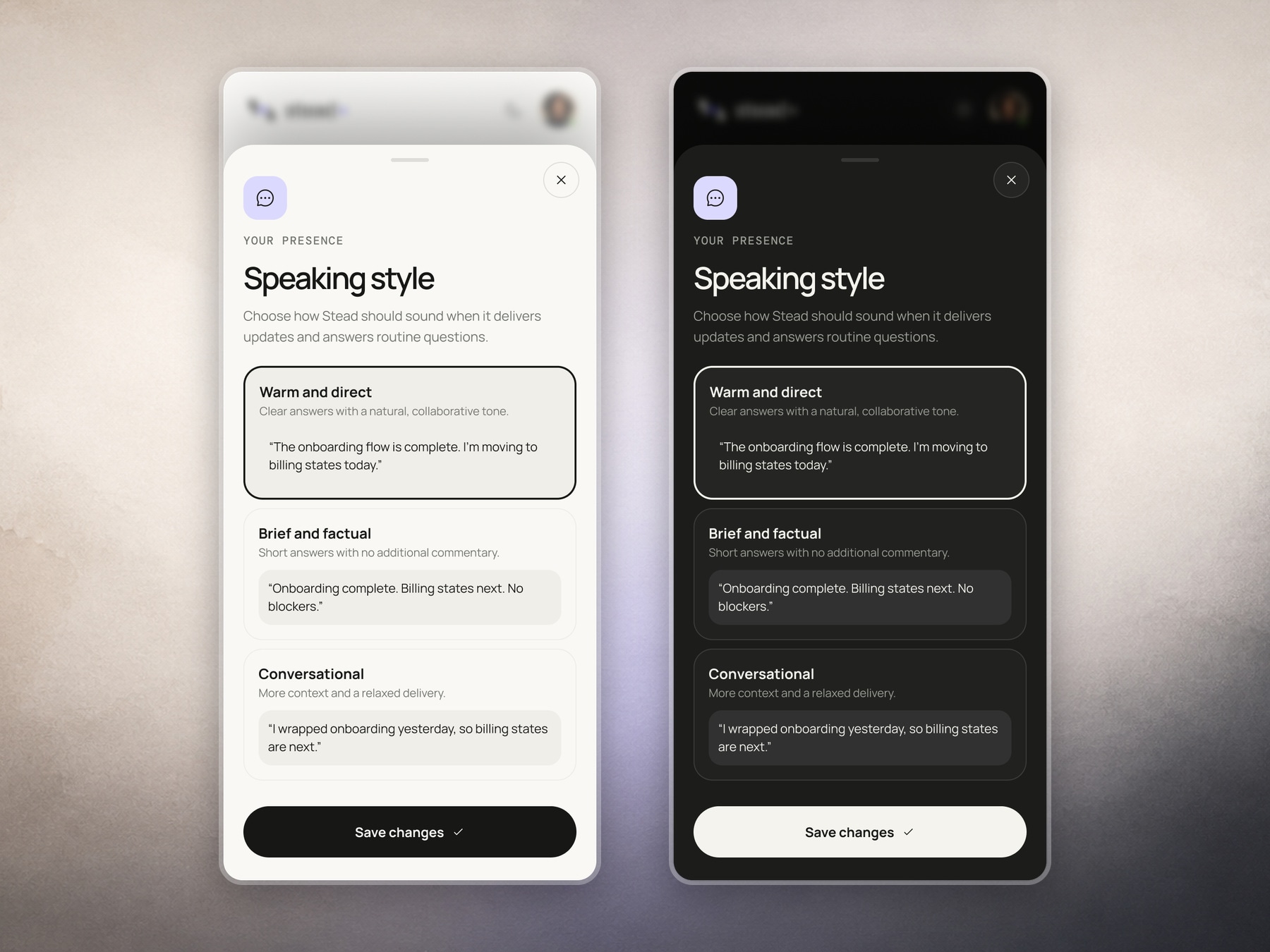 Stead speaking style options in light and dark mode