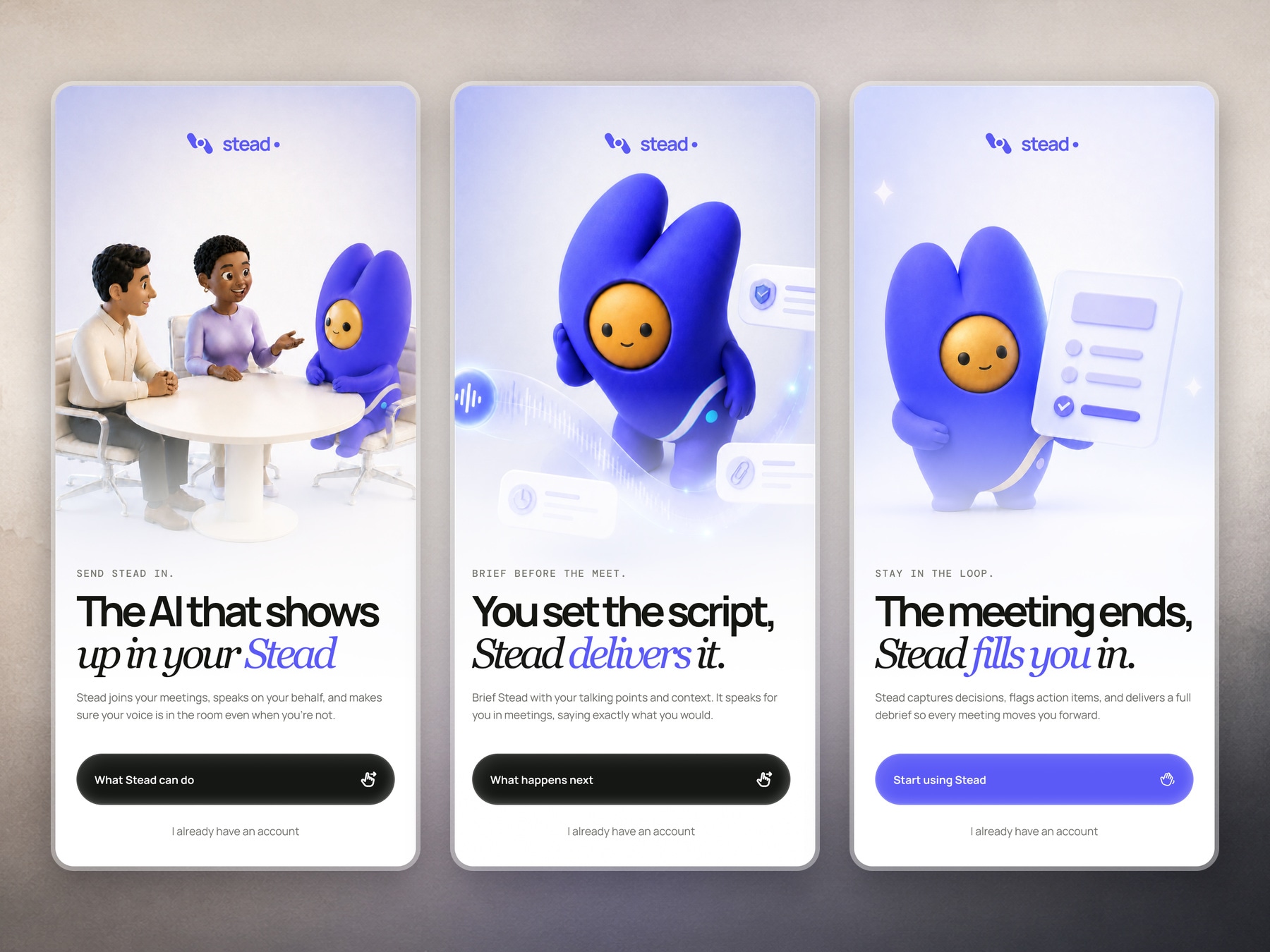 Three Stead onboarding screens presented together